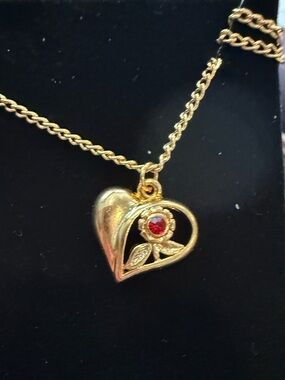 18K Gold Tone Heart Pendant Necklace with Red Stone Accent